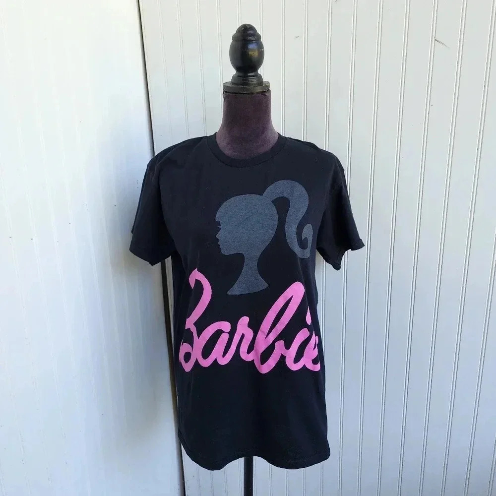 VTG Barbie Retro Logo Women's T-Shirt Cotton Pink  Black Short Sleeve Sz S